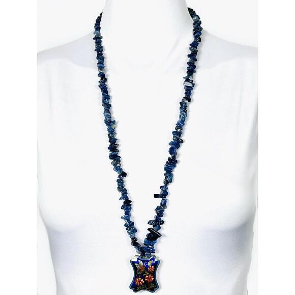 Vintage 70s Lapis Lazuli Necklace w/ Cloisonne Butterfly Pendant 15” Hand-Beaded - Picture 3 of 11